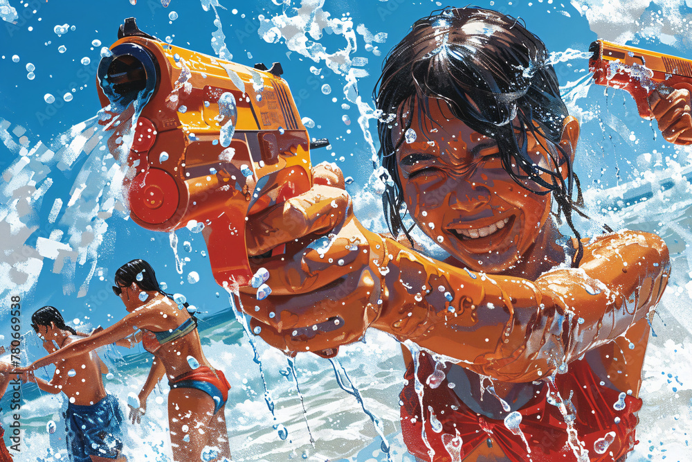 Child in a water gun battle during summer. High-energy childhood playtime concept for kids' activity posters and summertime fun advertising - obrazy, fototapety, plakaty 