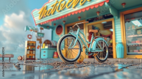 Beach cruiser 3d handmade style parked near a concession stand, colorful