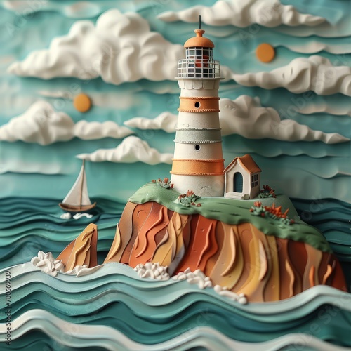 Lighthouse 3d handmade style guiding ships to shore