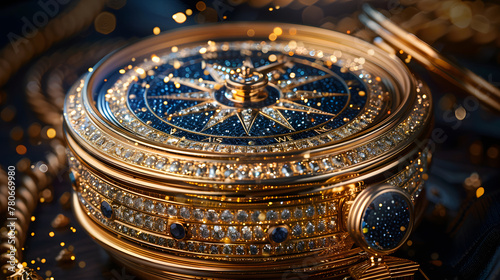 a close-up of a gold compass with a circular design, encrusted with  diamonds.