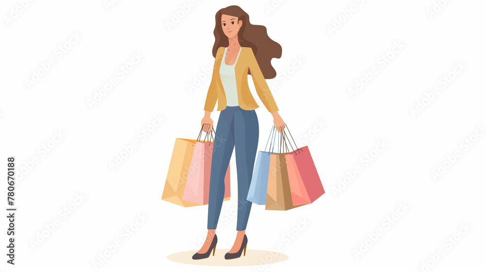 Mulher segurando sacolas de compras no fundo branco - Ilustração