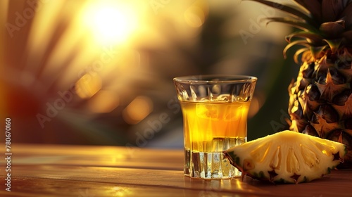 a beautiful and hyperrealistic visual to promote a a small shooter glass of rum flavored with pineapple