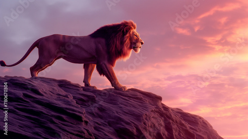 Leão no topo de uma montanha ao por do sol rosa  © Vitor