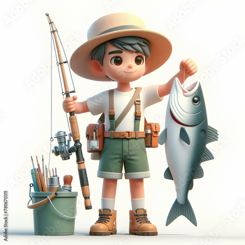 flat design 3D young boy, dressed in summer gear, carrying his fishing equipment and holding up a big fish