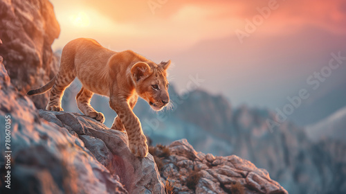 Filhote de leão no topo de uma montanha ao por do sol rosa photo