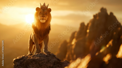 Leão no topo de uma montanha com uma coroa iluminada na cabeça  photo