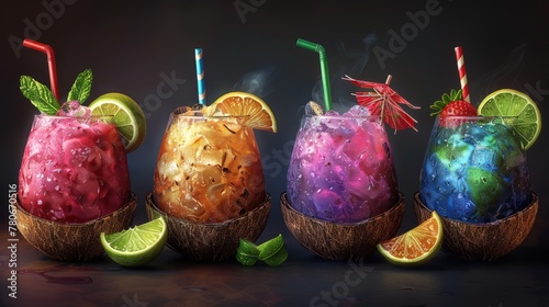 Beach cocktail 3d handmade style garnished with a paper umbrella, colorful