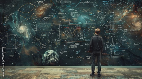 A young man stands in front of a huge blackboard covered with mathematical formulas, photo