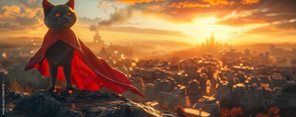Action-packed scene of a cat in a summer cape, superhero pose, a cute superhero cat in action, 3D clay urban landscape at sunset