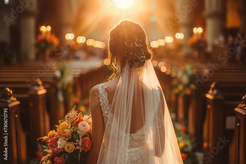 portrait of beautiful bride standing against sunlight that shine through church window, bride walking on wedding aisle path, romantic moment, Holy God's bride concept, Generative Ai