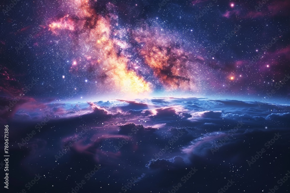 Fototapeta premium A cosmic masterpiece highlighting the awe-inspiring scenery of the galaxy with bright celestial bodies and cloud formations