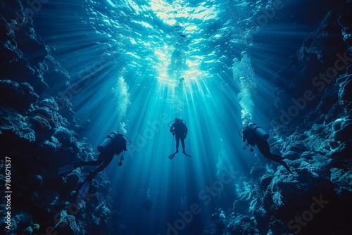 An ethereal underwater scene with divers surrounded by sunbeams filtering through the ocean surface