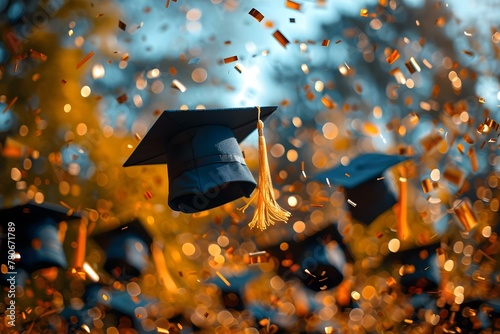 Caps of gold fly high amid a confetti-filled sky of celebration. Concept Celebration, Gold caps, Confetti, Festive atmosphere, Joyful occasion