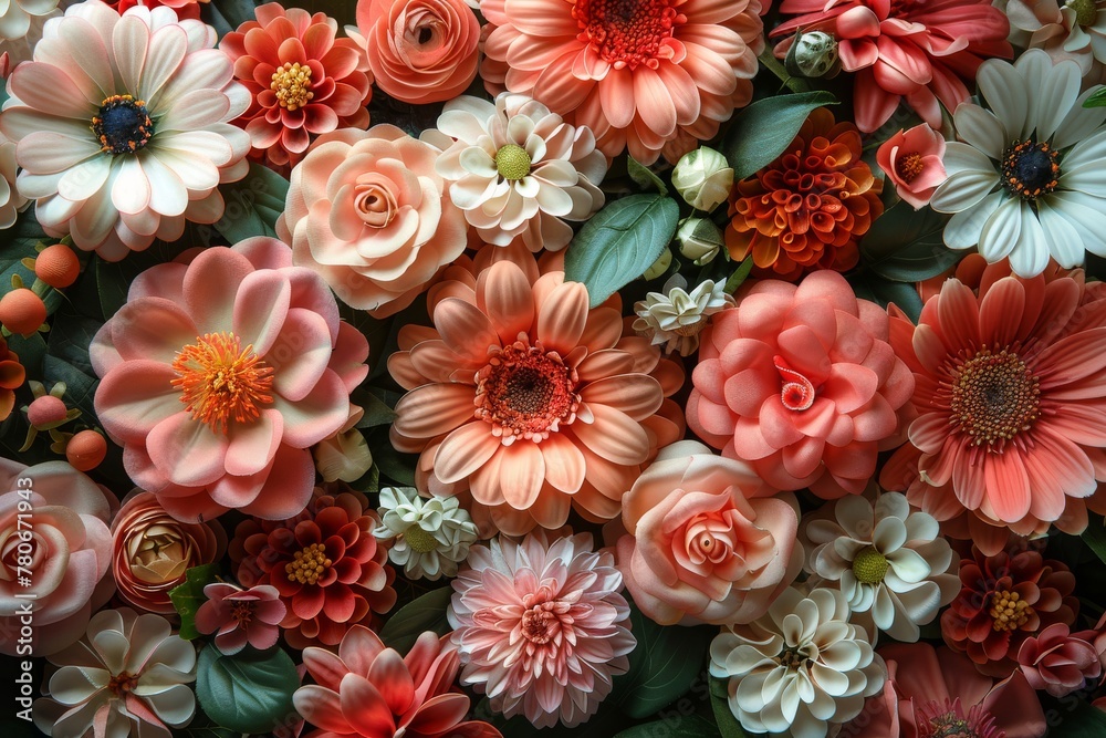 Top view of a vibrant collection of artificial flowers in various colors and shapes - obrazy, fototapety, plakaty 