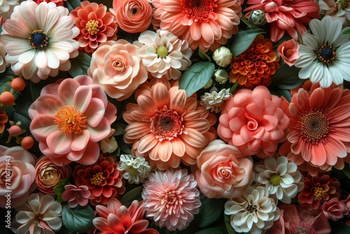 Top view of a vibrant collection of artificial flowers in various colors and shapes