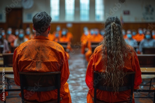 An image capturing two inmates in orange jumpsuits in a busy prison hall reflecting a tense and serious environment photo