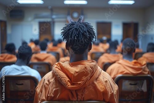 Focus on a prisoner's dreadlocks among other inmates, visually illustrating themes of identity and confinement