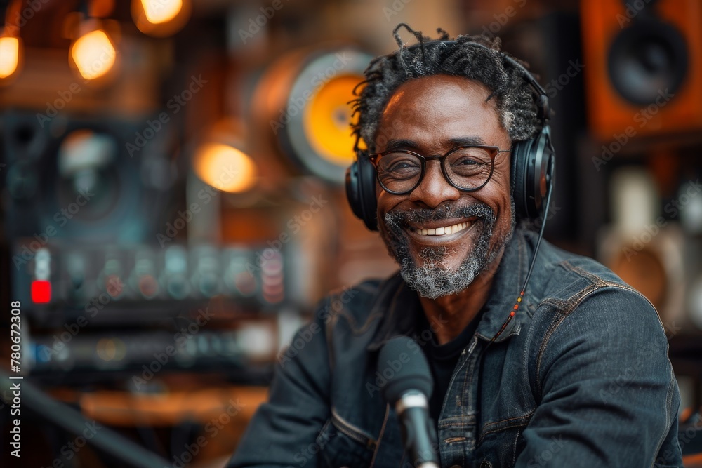 A jubilant African-American DJ smiles while hosting a radio show, surrounded by various studio equipment