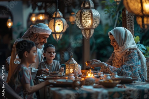 Happy Muslim family in the glow of beautiful antique lamps and burning candles at a rich table during the celebration of Ramadan Iftar.