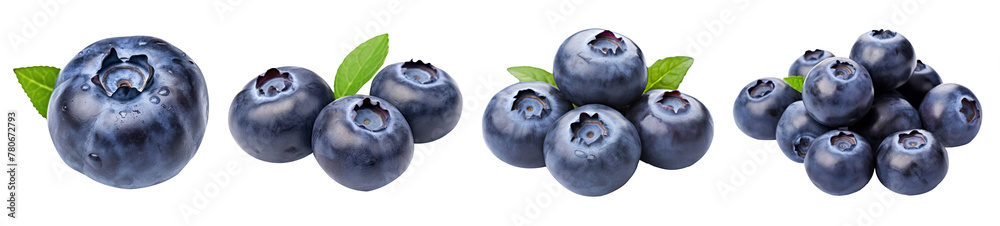Set blueberry fruit isolated on transparent background cutout, PNG file. Set blueberry fruit isolated on transparent background cutout, PNG file.