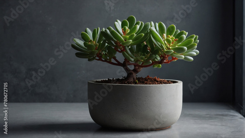 A jade plant, with its thick, glossy leaves, thriving in a minimalist concrete pot.