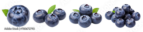 Set blueberry fruit isolated on transparent background cutout, PNG file.