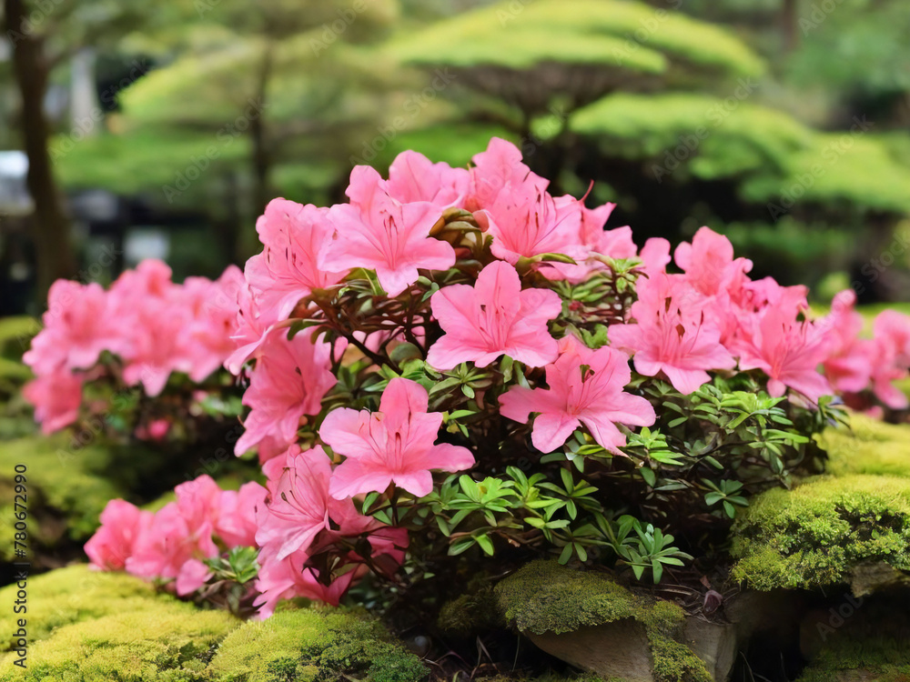 Japanese garden with azalea flowers