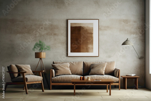Picture a chic living room featuring wooden furniture against a textured concrete wall. A vacant poster frame on the wall awaits your imaginative artwork.