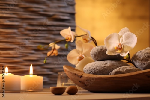 Elegant luxury spa area in a spa center in soft colors  with softly lit candles around and flowers and plants nearby  