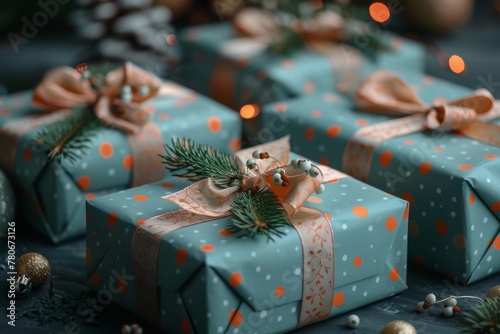 Group of beautifully wrapped teal presents with orange ribbons, hinting at holiday generosity and joy © Larisa AI