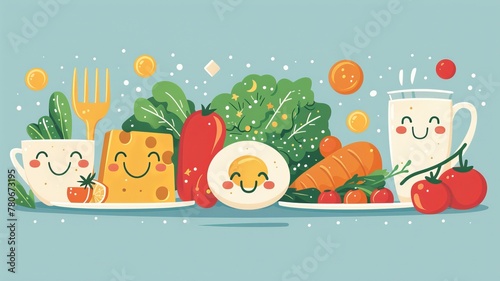 Cartoon illustration of a balanced meal with smiling vegetables, protein, and carbs on a plate, promoting a healthy diet