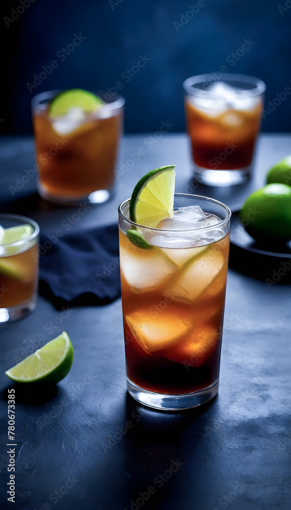 Dark and stormy cocktail with lime in glasses, ginger root, on table, nordic living room, modern, smokeless, dark atmosphere, low dop. generated with AI Dark and stormy cocktail with lime in glasses, ginger root, on table, nordic living room, modern, smokeless, dark atmosphere, low dop. generated with AI