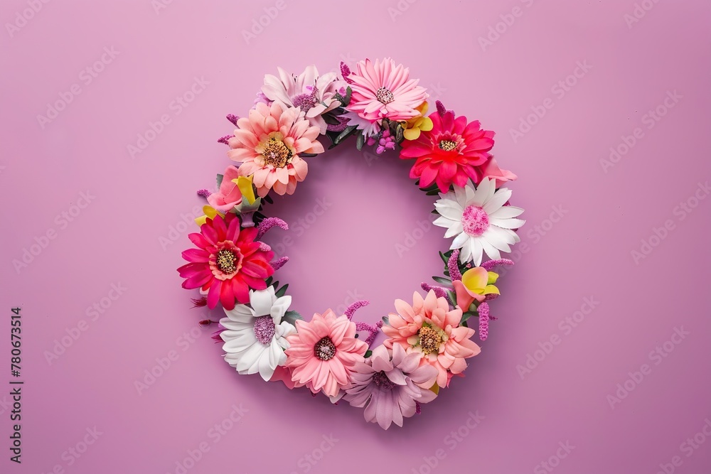 Flower wreath. Round shaped wreath made of colorful flowers, isolated on a pink background. Floral flat lay. aesthetic spring design idea, easter decoration creative idea. Springtime. No people