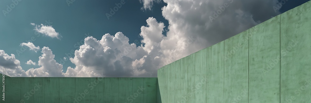 plain mint green pastel concrete wall background with white puffy clouds panoramic wide angle view from Generative AI