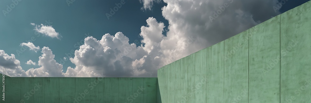 plain mint green pastel concrete wall background with white puffy clouds panoramic wide angle view from Generative AI plain mint green pastel concrete wall background with white puffy clouds panoramic wide angle view from Generative AI