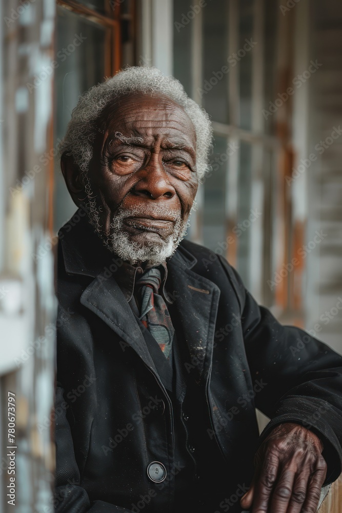Portrait of a thoughtful elderly man with a white beard, wearing a black jacket and tie, standing by a window. Portrait of a thoughtful elderly man with a white beard, wearing a black jacket and tie, standing by a window.