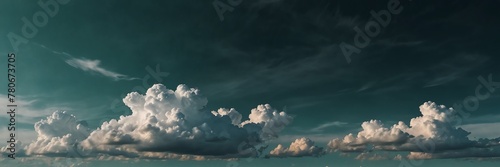 plain midnight green pastel concrete wall background with white puffy clouds panoramic wide angle view from Generative AI