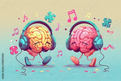 Two adorable brain characters with headphones enjoying classical music, illustrating brain stimulation on a playful background