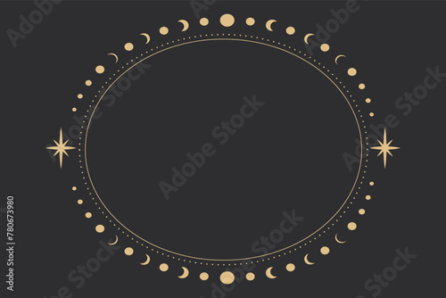 Line golden oval frame, celestial tarot minimal esoteric border, mystyc linear decoration with dots, stars isolated on dark background.  photo