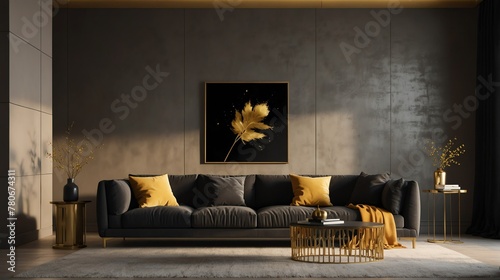 gold and black theme accent color empty living room interior minimalist concept design with sofa with morning sunlight from Generative AI