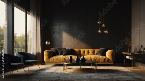 gold and black theme accent color empty living room interior minimalist concept design with sofa with morning sunlight from Generative AI photo