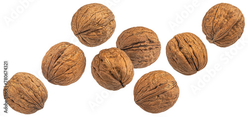 Whole walnuts isolated on white background, package design element
