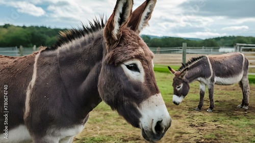 Gentle Grazers: A Pair of Donkeys at Pasture. Concept Donkeys, Grazing, Pasture, Gentle, Peaceful