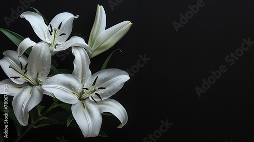 branch of white lilies flowers, condolence card with copy space for text, stock photography