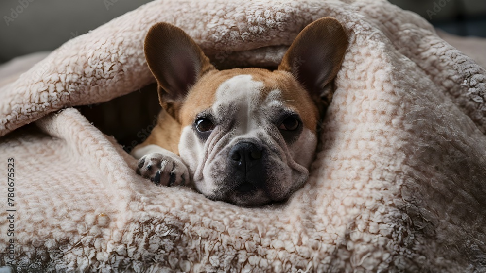 Snug Pup: A French Bulldog's Cozy Retreat. Concept French Bulldog Fashion, Cozy Pet Bed, Stylish Dog Accessories, Indoor Pet Photography, Comfortable Sleeping Arrangements