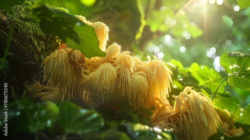 the lion's mane mushroom in the lush green oak forest photo