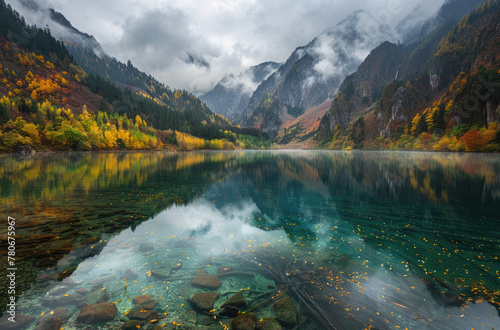 The most beautiful lake in China, the sepia bluegreen water of flew green and yellow trees on both sides of hung colourful rainbowlike light, reflection of mountains in colorful turquoise clear emeral photo