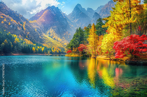 The most beautiful lake in China, the sepia bluegreen water of flew green and yellow trees on both sides of hung colourful rainbowlike light, reflection of mountains in colorful turquoise clear emeral photo