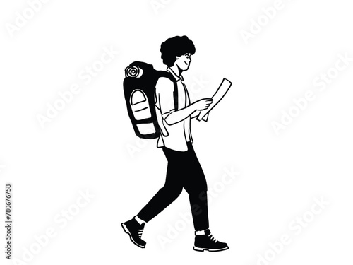 Man backpacker travelling with map or a man in hilidays travelling with backpack and map