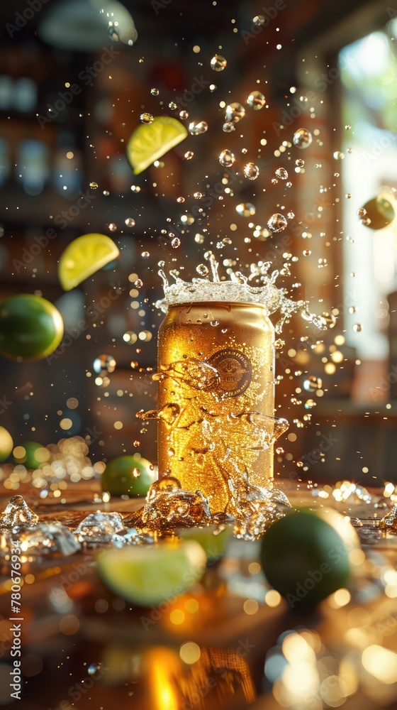 Glass of beer with splash on wooden table, blurred background with warm lights.